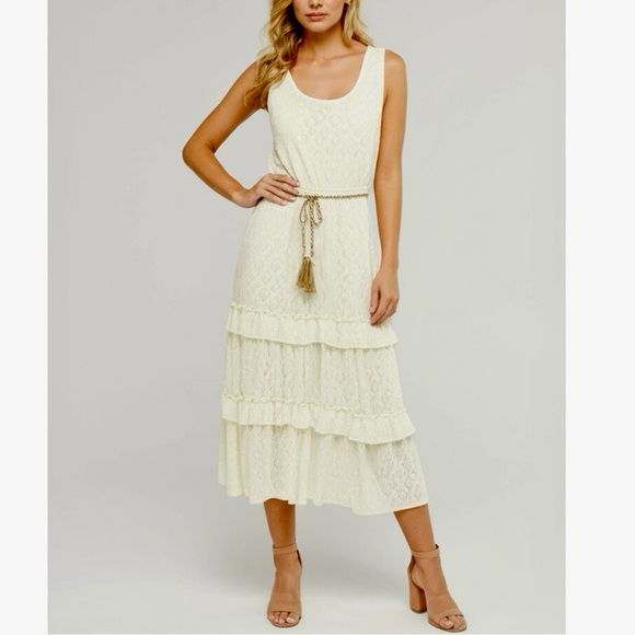 New KATE & LILY Elegant Cream Lace Boho Midi Dress Sleeveless Ruffle Sz Medium - Picture 2 of 14